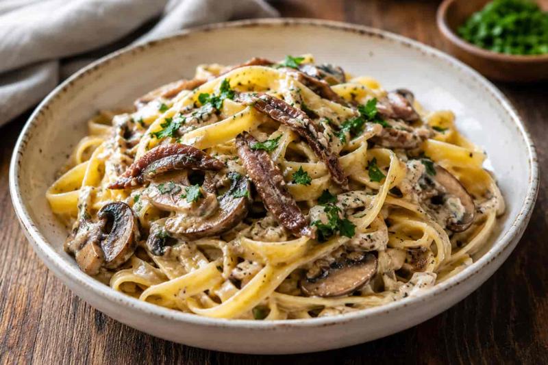 Anchovy Tagliatelle with Mushroom Sauce