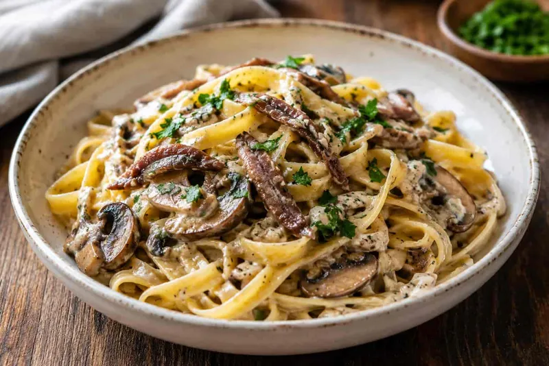 Anchovy Tagliatelle with Mushroom Sauce