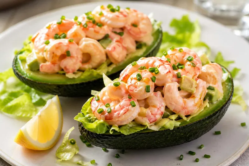 Stuffed Avocados with Prawns and Pink Sauce